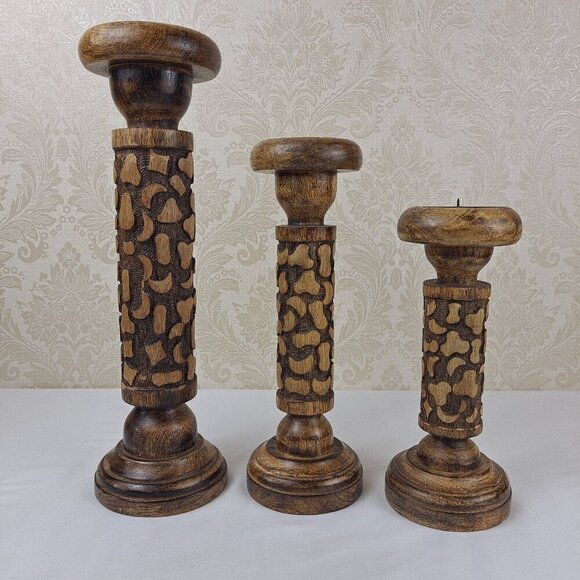 Set of 3 Handmade Graduated Wooden Candle Holders  Brown Textured Unique - Picture 1 of 10